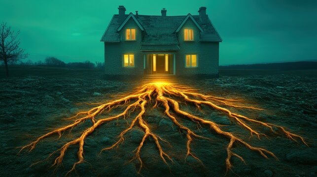 Enigmatic House with Glowing Roots Extending into Ground Under Moonlit Sky in Surreal Landscape - Powered by Adobe