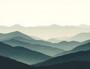 Fototapeta premium Minimalist Sunrise Over Blue Ridge Mountains in Green and Gray Tones. Flat design, minimalistic, simple shades, and serene atmosphere.