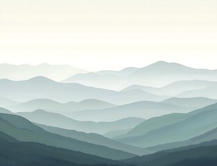 Fototapeta premium Minimalist Sunrise Over Blue Ridge Mountains in Green and Gray Tones. Flat design, minimalistic, simple shades, and serene atmosphere.