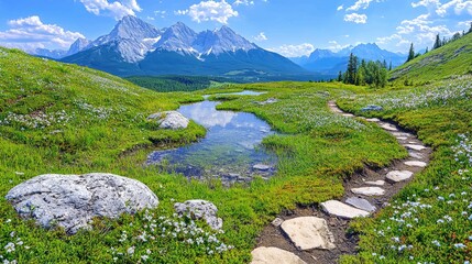Mountain meadow trail reflecting peaks, scenic landscape, summer day, tranquil scene