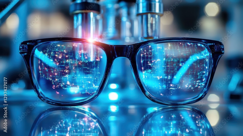 Aufkleber futuristic eyewear with blue light reflections displaying digital data and bokeh background in a mod
