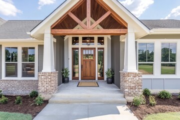 The front door of a modern home features wooden front doors, white trim, and grey walls There are also brick accents on the sides of the house Generative AI