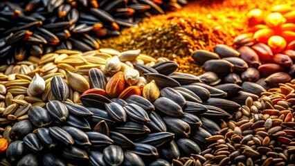 Obraz premium Night Photography Seeds Still Life: Pumpkin, Sunflower, Flax, Sesame