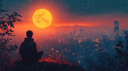 Fototapeta premium Silhouetted Figure with Backpack Observes a Bright Full Moon Over Illuminated Cityscape at Night, Surrounded by Lush Foliage and Starry Sky