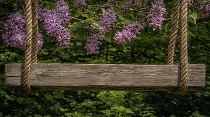 Rustic wooden swing with lilac blossoms