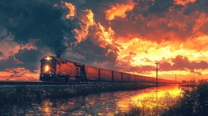 Train moving through scenic landscape during vibrant sunset with dramatic clouds reflected in a river, evoking a sense of travel and adventure