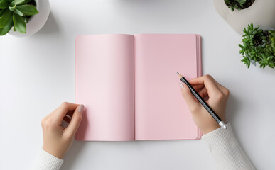 Photo of a Blank page of open notebook. Mockup of  white sheet planner. Flat lay, copy space area for text or graphics.