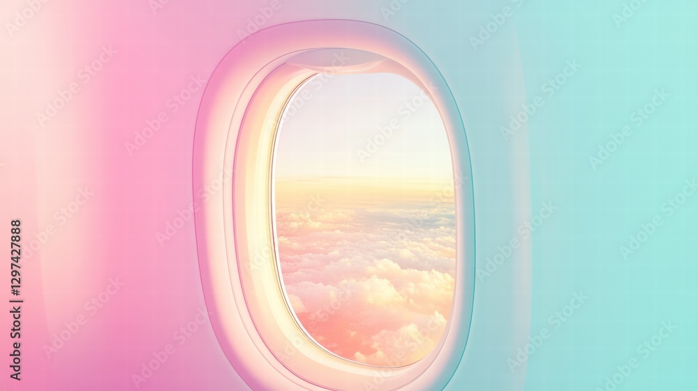 Leinwandbilder clouds and pastel skies viewed through an airplane window during sunset flight. generative ai