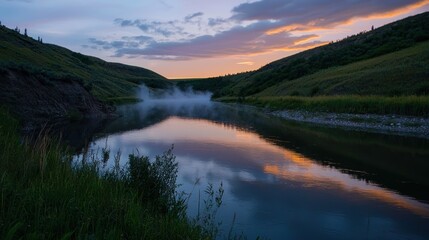 Obraz premium Serene river landscape at sunset with mist rising, surrounded by lush hills and colorful sky