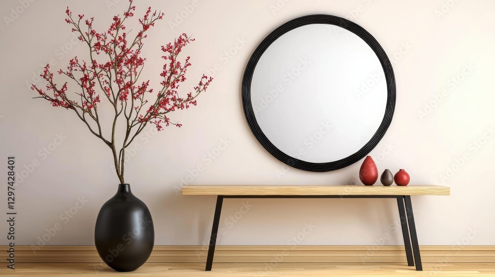 Poster a peaceful and sophisticated minimalist hallway features a simple wooden console table a round mirro