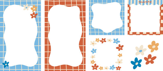 70s風のおしゃれな格子模様のインスタグラムストーリーズ・正方形サイズのフレームと花のベクターフレーム素材セット 70s-inspired stylish checkered Instagram Stories frames and floral vector frame set.