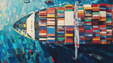 View from above of cargo ship with containers sailing on the high seas, industrial port area in the background of container ships at the pier or approaching the meeting point at sea