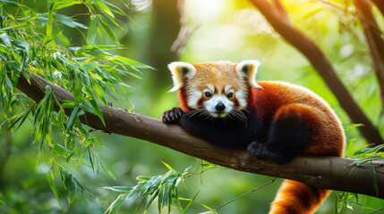 Fototapeta premium Charming red panda resting on tree branch in bamboo forest, soft light