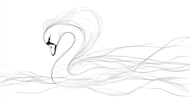 Minimalist continuous line drawing of a graceful swan portrait with elegant flowing lines softly symbolizing serenity, calmness and natural beauty, black and white line art illustration