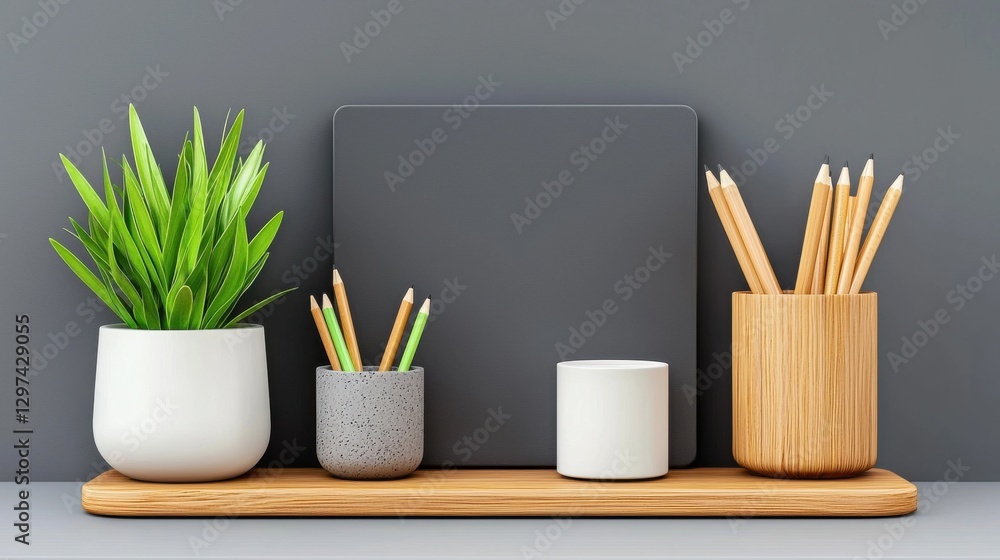 Poster a image of a neatly organized desk with essential workspace supplies and minimal decorative elements