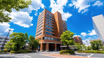 Obraz premium Towering modern office building nestled among greenery in a vibrant urban landscape with a bright blue sky and fluffy white clouds in the background
