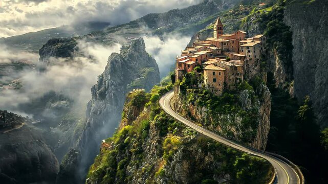 Breathtaking aerial views of a cliffside village and winding road