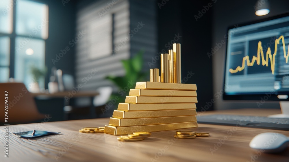 Poster optimized golden financial bars displayed on a desk for enhanced data analysis investment strategies