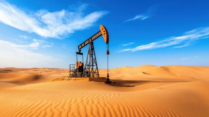 Fototapeta premium Onshore oil drilling pumpjack operating in remote desert landscape with blue sky and horizon Concept of energy production fossil fuel extraction and natural resource industry