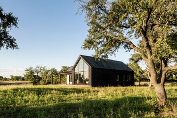 Modern black house surrounded by greenery on a sunny day in a rural setting with clear blue sky, designed for relaxation and nature appreciation