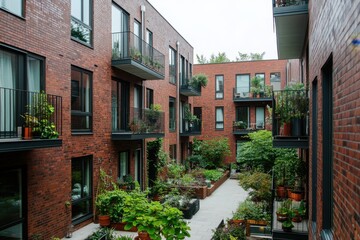 A contemporary courtyard featuring vibrant greenery and sophisticated brick apartments is nestled in a serene urban neighborhood beneath a cloudy sky