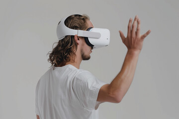 Man in white t-shirt using Apple Vision Pro VR headset, back view, interacting with virtual content | Grey background