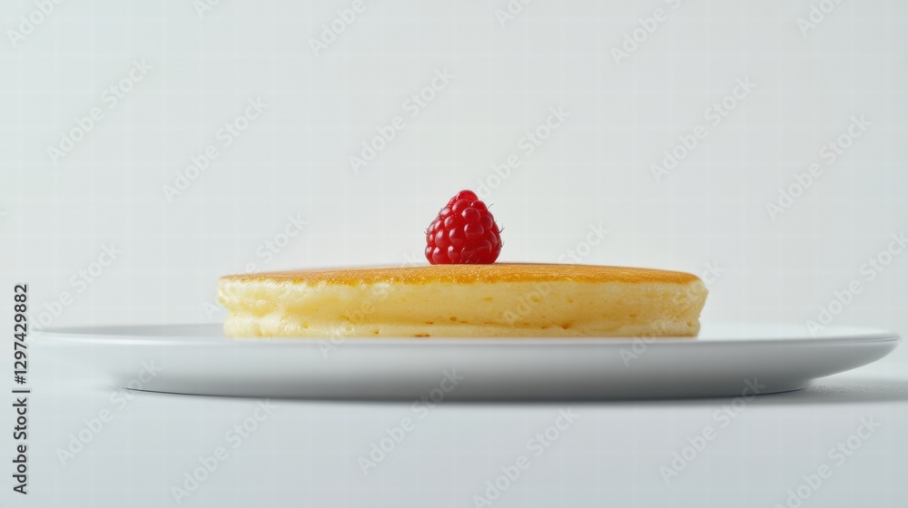 Poster Delicious fluffy pancake with raspberry on white plate captured in a minimalist setting. Generative AI