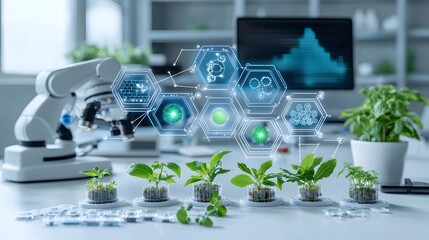 Robotic arms meticulously handling biofuel samples in a high tech research facility advanced AI powered diagnostic screens displaying real time molecular analysis data