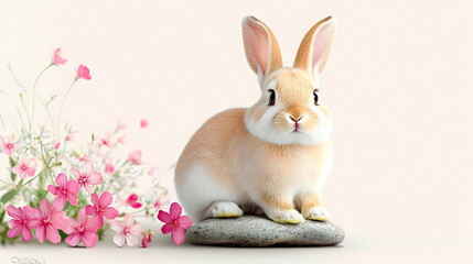 Obraz premium Cute bunny sitting on rock with pink flowers