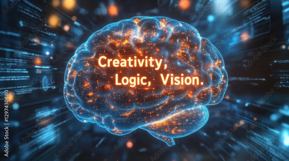 Poster abstract digital brain visualization representing concepts of creativity, logic, and vision in a fut