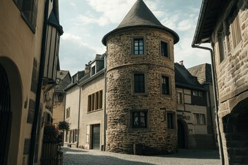Naklejka premium Historic stone building in a charming European village with narrow cobblestone streets and traditional architecture captured on a cloudy day