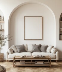 Empty framed art piece above beige couch in modern living room