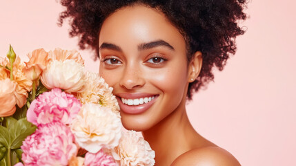 Fototapeta premium Smiling african female adult with curly hair holding colorful flowers