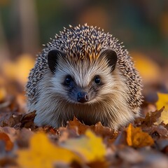 Fototapeta premium Adorable hedgehog in autumn leaves