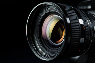 Camera lens close-up on black background