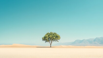 Fototapeta premium A lone tree stands in the center of a vast desert, surrounded by sand dunes, with a clear blue sky and distant mountains. The serene, peaceful scene evokes solitude and contemplation.