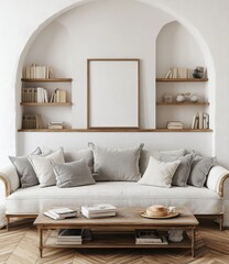 Cozy living room with arched alcoves and wooden furniture