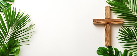 A wooden cross adorned with palm leaves rests against a blank white background, symbolizing Easter. Ideal for a web banner, offering ample copy space on the right for messages or designs.