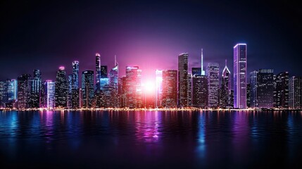 Fototapeta premium Dramatic and Vibrant Retro Synthwave Cityscape with Neon Lights Illuminating the Towering Skyscrapers Reflected in the Calm Water of the Urban Landscape