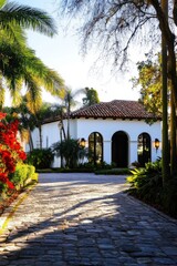 Obraz premium An exquisite courtyard adorned with lush tropical plants gracefully leads to a charming white building, all set against a vivid blue sky during the enchanting golden hour