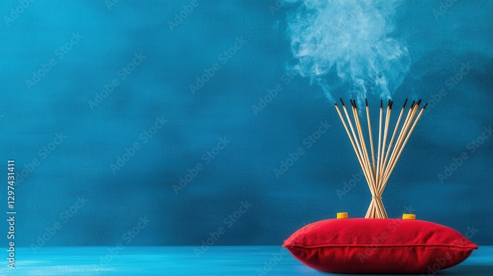 Poster serene and calming arrangement of aromatic incense sticks with wispy fragrant smoke in a tranquil an