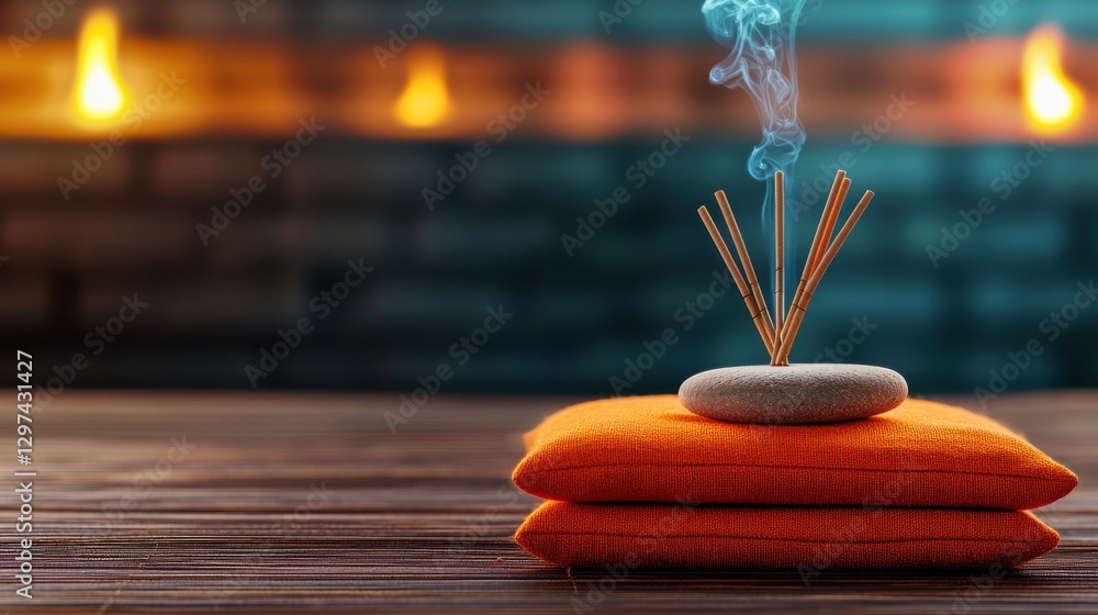 Poster peaceful and calming arrangement of burning incense sticks on a wooden surface with warm lighting an
