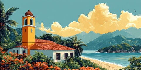 Vibrant Coastal Church Amidst Lush Greenery with Towering Mountains and Ocean View Under Dramatic Cloudy Sky