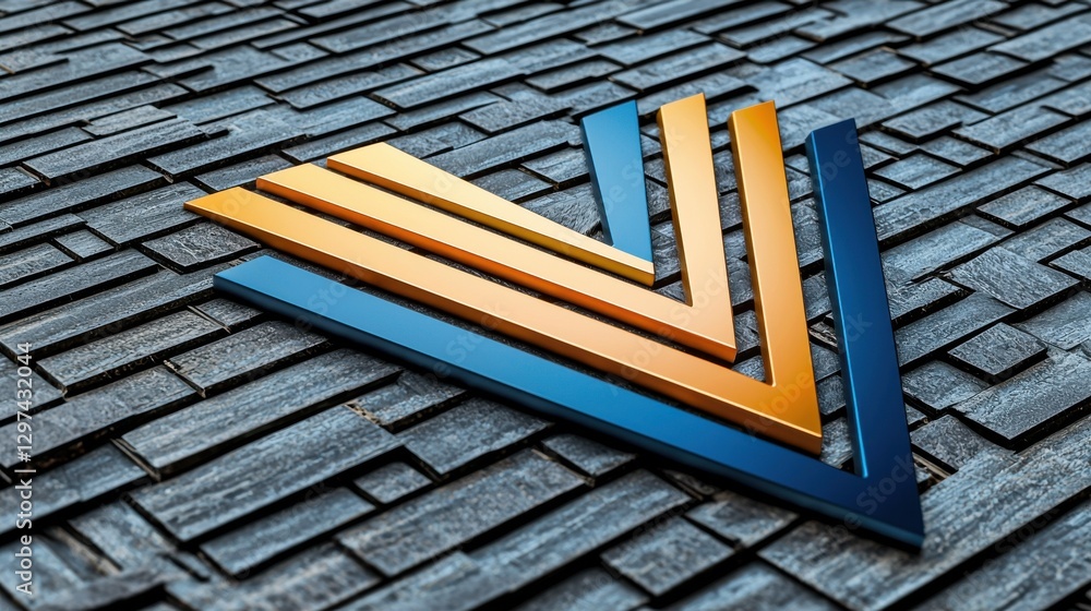 Poster sleek and minimal overlapping triangular shapes forming a v logo icon with contrasting blue and yell