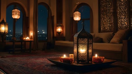 First day in Ramadan, The scene is set in a warm, inviting living room. The walls are adorned with traditional Islamic art, and the soft glow of lanterns fills the room