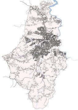 vector map of buildings, waterway and highways in the caguas town of puerto rico with pink and black colors