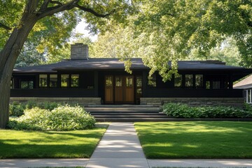 Obraz premium Modernist house designed by an acclaimed architect located in a serene suburban area surrounded by lush greenery and a well-maintained lawn, showcasing architectural beauty in clear daylight
