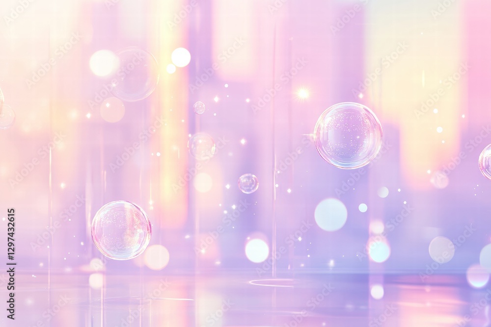 Poster Floating bubbles create a dreamy atmosphere with pastel colors and soft lighting in an abstract background. Generative AI