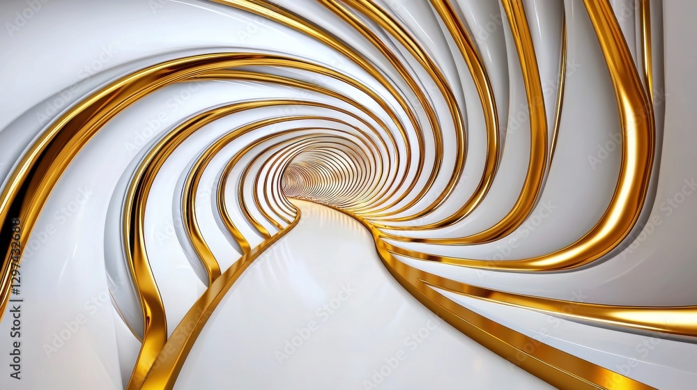 Poster sleek white and gold abstract tunnel with curved swirling waves and geometric patterns futuristic mi