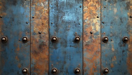 Seamless rusted metal panel texture with rivets in blue and brown tones, perfect for industrial design. High-resolution, ultra-realistic 3D rendering showcases gritty strength and depth.